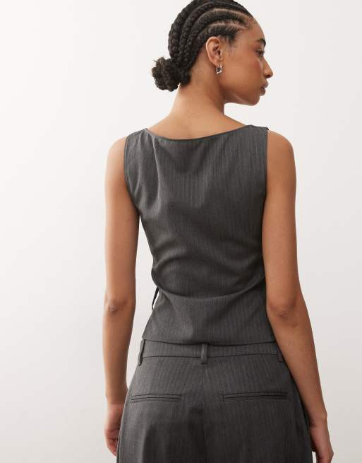 Weekday co-ord wrap top in grey pinstripe, 4 of 4