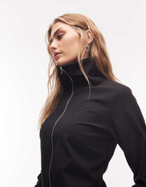 Weekday co-ord zip through shirt in black pinstripe