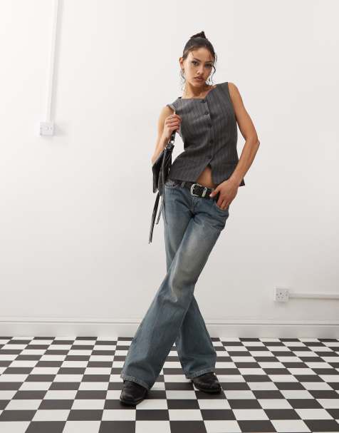 Weekday Cobra waistcoat top in dark grey stripe - view 1