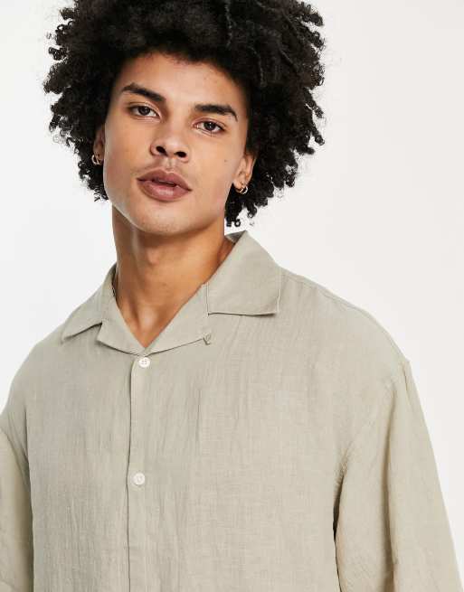 Weekday coffee oversized linen short sleeve shirt in stone, 3 of 4