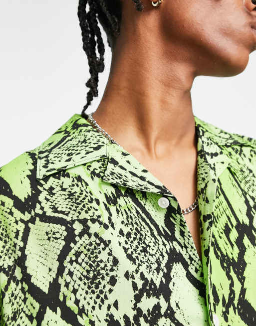 Weekday Coffee snake print oversized shirt in green , 3 of 4