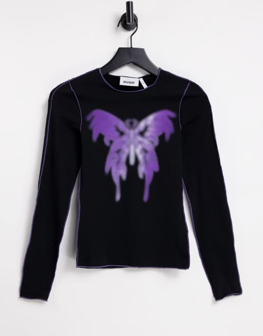 Weekday - Comfy - Katoenen T-shirt met lange mouwen en vlinderprint in zwart