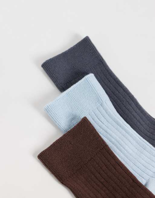 Weekday confezione da 3 paia di calzini a coste grigio, marrone e blu, 2 di 3