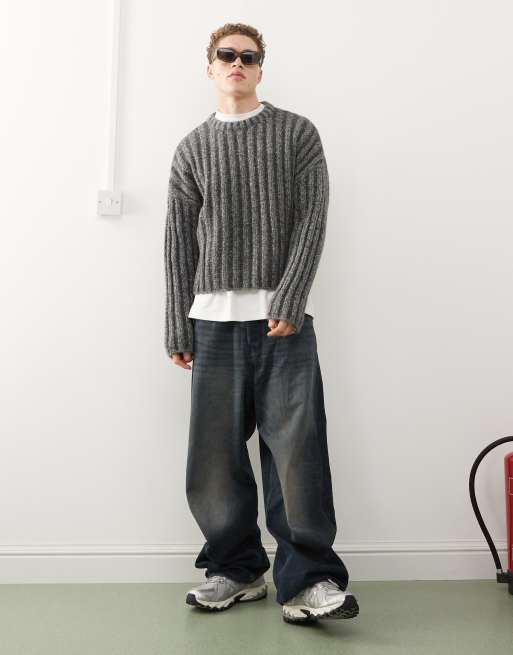 Weekday Connor wool blend slightly cropped rib jumper in dark grey exclusive to ASOS , 2 of 4