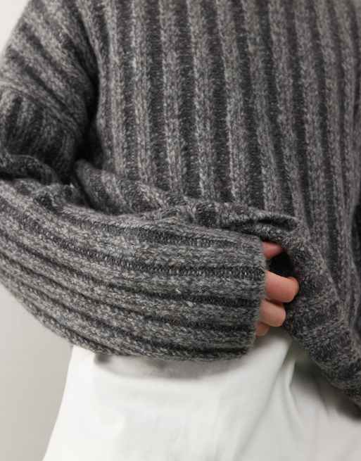 Weekday Connor wool blend slightly cropped rib jumper in dark grey exclusive to ASOS , 3 of 4
