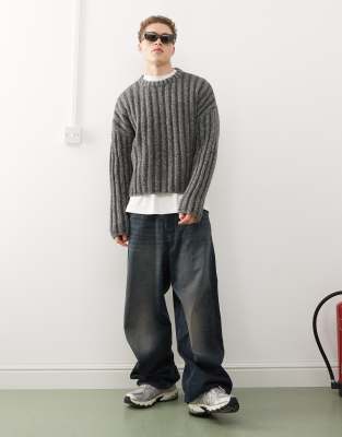 Weekday Connor Wool Blend Slightly Cropped Ribbed Sweater In Gray In Brown
