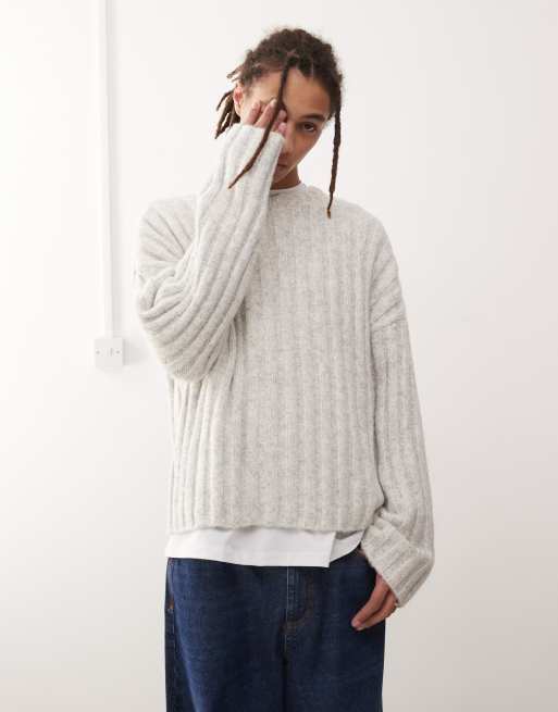 Weekday Connor wool blend slightly cropped rib sweater in light gray