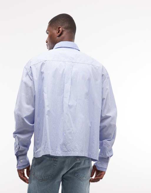 Weekday contrast collar long sleeve shirt in white and blue stripe, 4 of 5