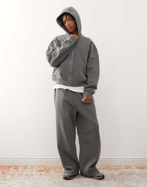 Weekday - Coordinato con felpa con cappuccio con zip e joggers oversize con fondo ampio grigio scuro con cuciture a vista - view 1