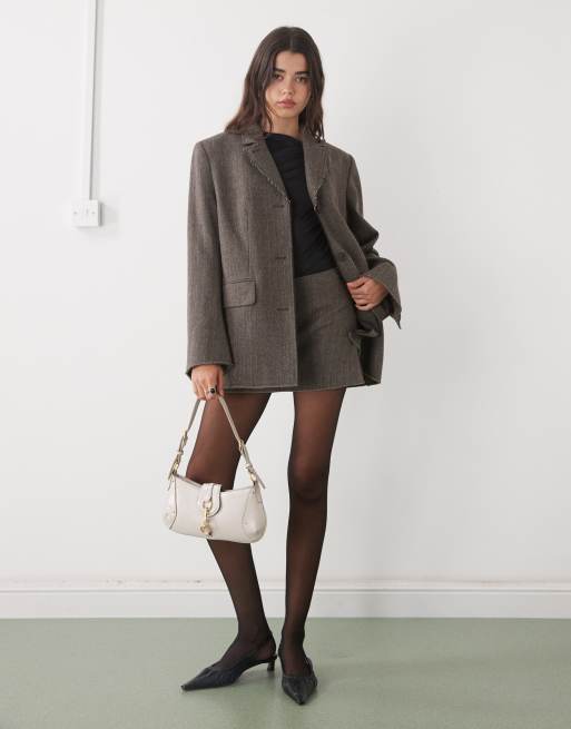 Weekday - Coordinato misto lana color tortora scuro a spina di pesce con bordi grezzi