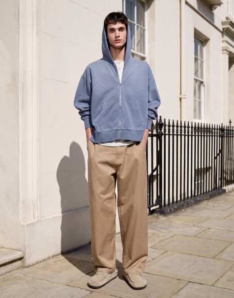Weekday coordinato vestibilità squadrata felpa con cappuccio e zip in blu slavato - view 1