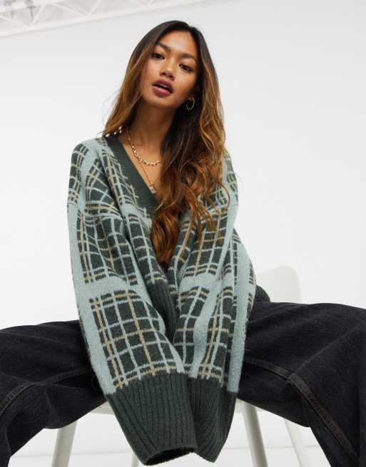 Weekday Cora check print cardigan in green | ASOS