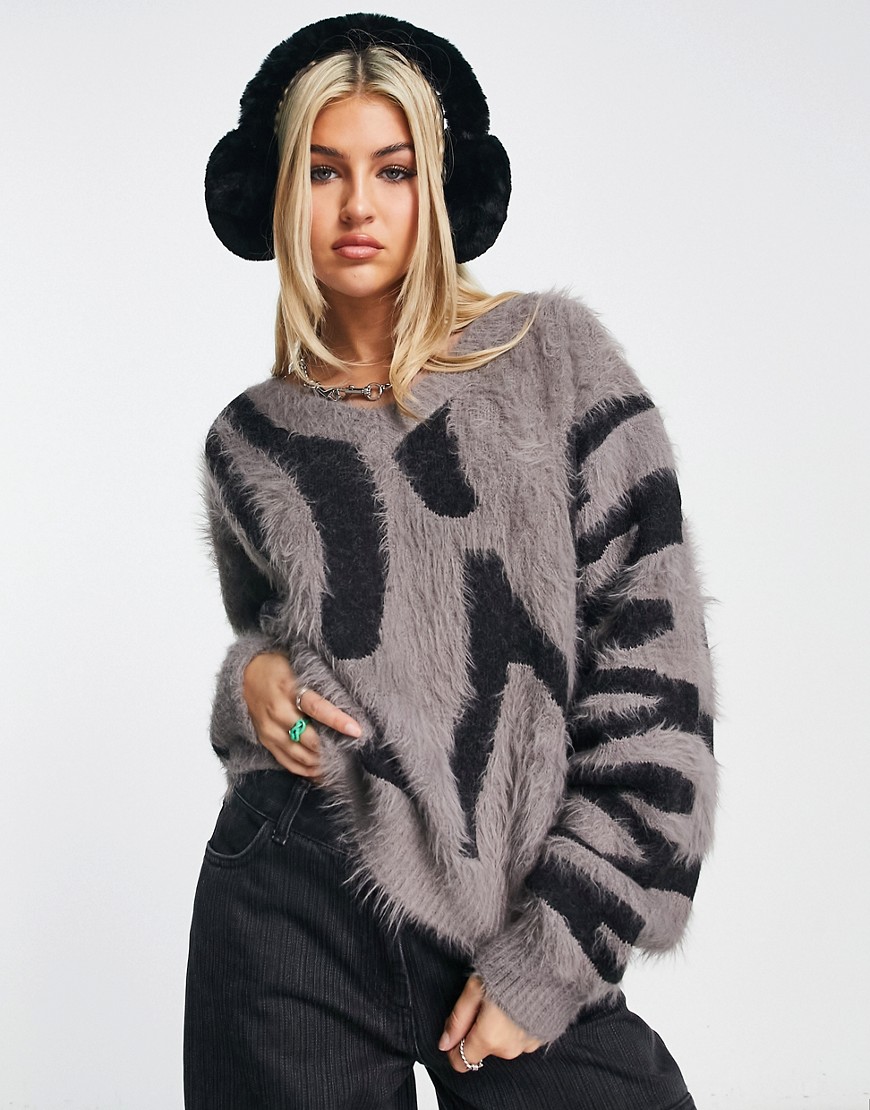 Weekday Cora hairy knit jacquard sweater in black and brown-Multi