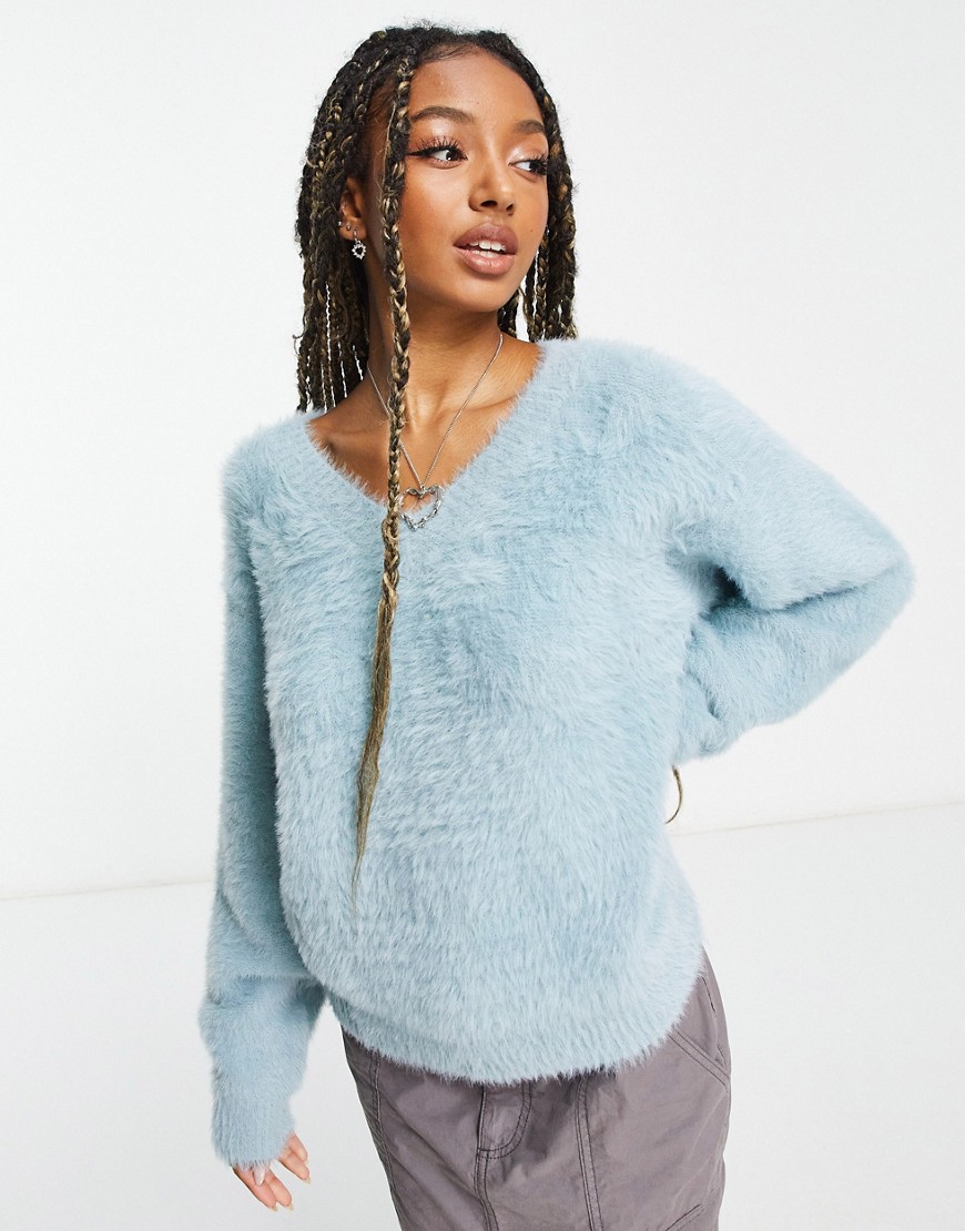 Weekday Cora hairy yarn V-neck sweater in light blue