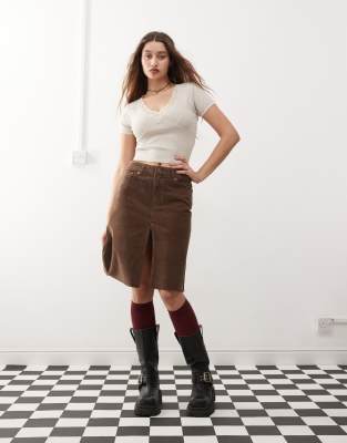 cord midi skirt with front split in washed brown