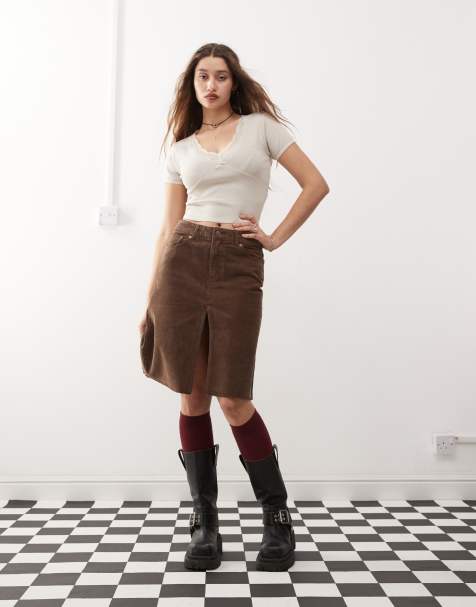 Weekday cord midi skirt with front split in washed brown - view 1