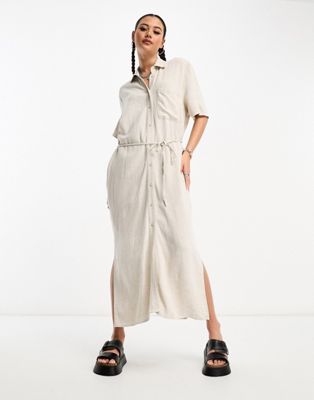 Weekday Corin Linen Mix Midi Shirt Dress In Off White-neutral