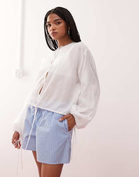 Weekday cotton voile blouse with volume sleeves and keyhole front detail in off-white - view 1