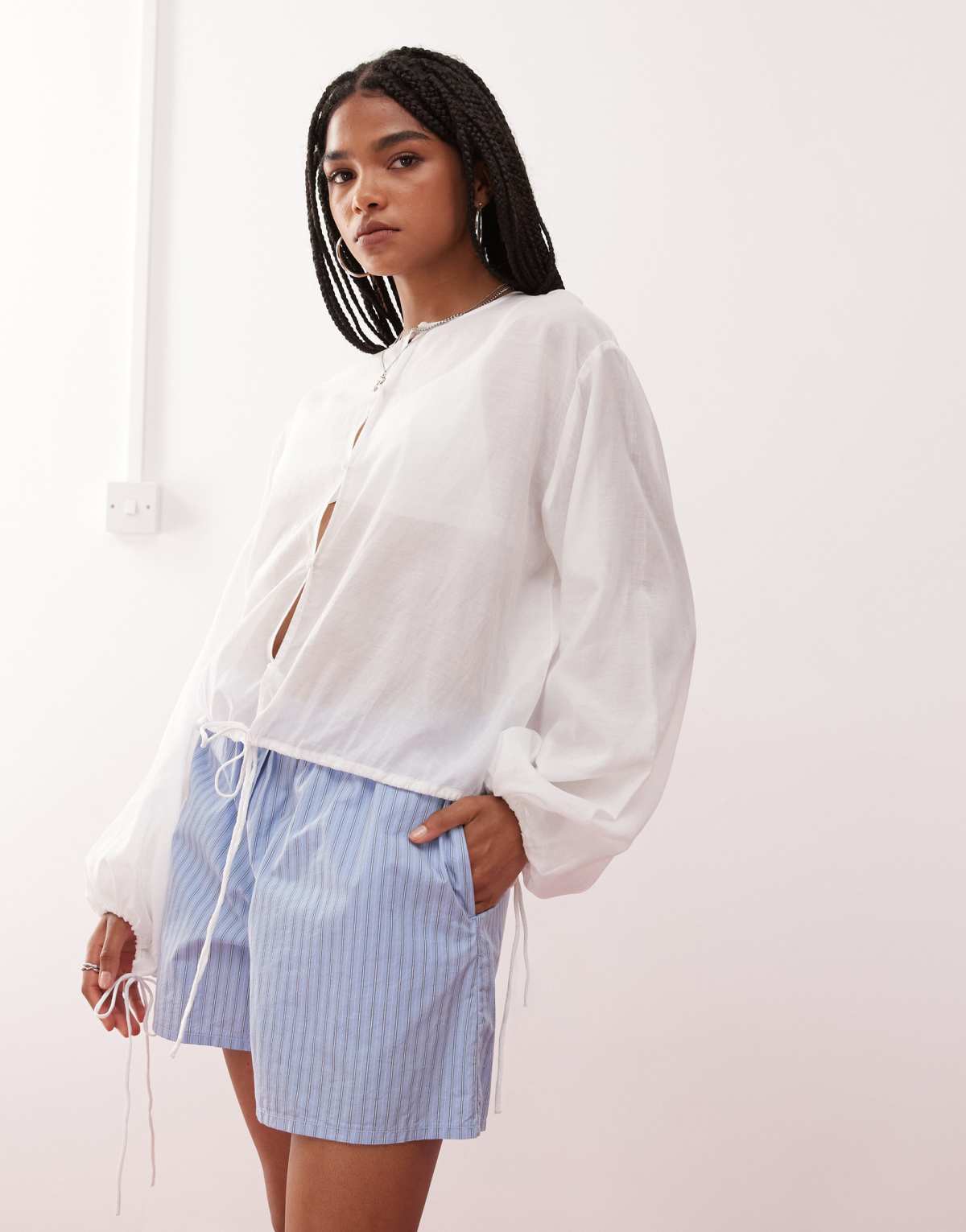 Weekday cotton voile blouse with volume sleeves and keyhole front detail in off-white