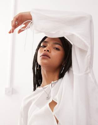 Weekday Cotton Voile Blouse With Volume Sleeves And Keyhole Front Detail In White