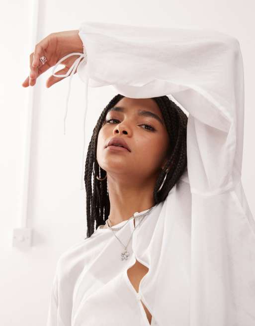 Weekday cotton voile blouse with volume sleeves and keyhole front detail in off-white, 2 of 4