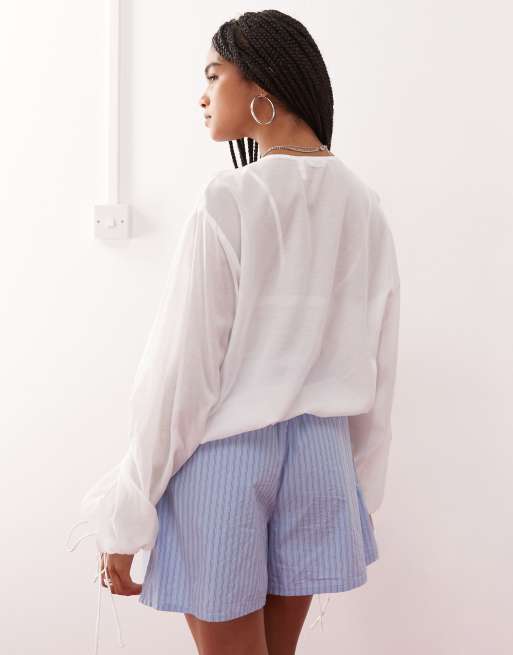 Weekday cotton voile blouse with volume sleeves and keyhole front detail in off-white, 4 of 4