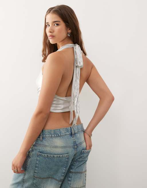 Weekday cowl drape halter neck top in silver metallic, 4 of 4