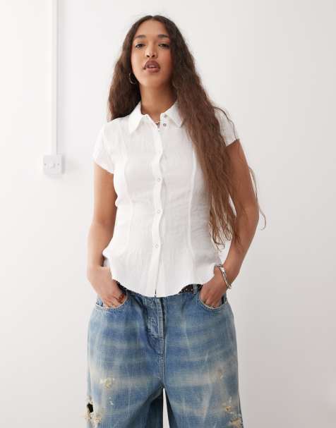 Weekday crinkle cap sleeve shirt in off-white - view 1