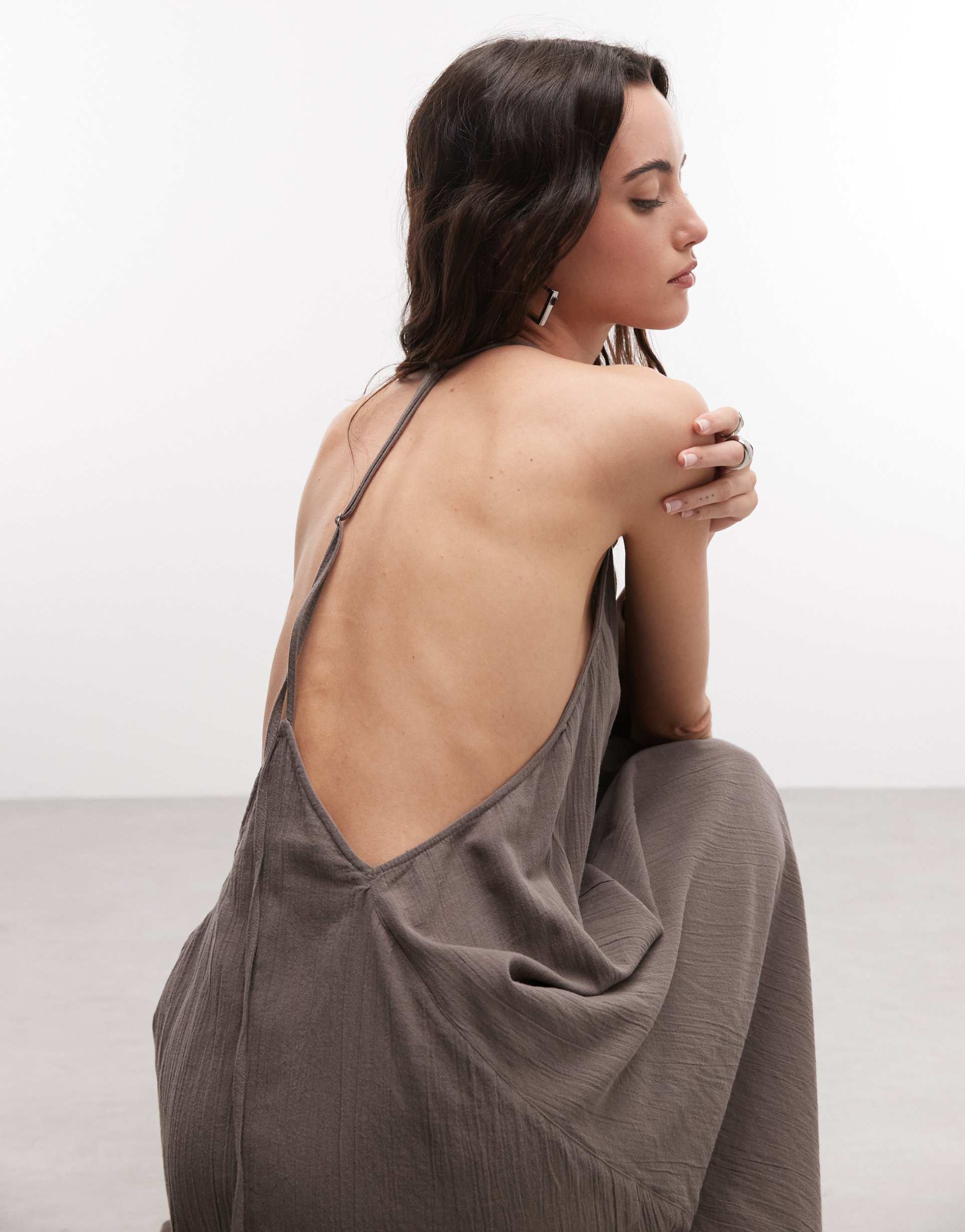 weekday crinkle halter racer back maxi dress in dark mole