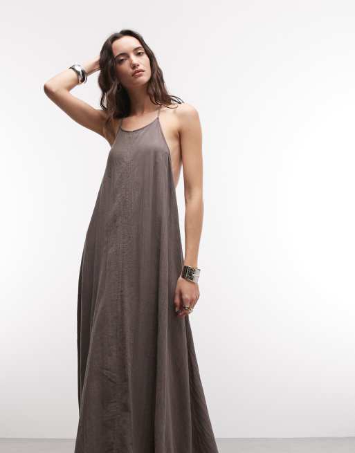 Weekday crinkle halter racer back maxi dress in dark mole, 2 of 4