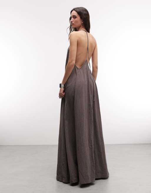 Weekday crinkle halter racer back maxi dress in dark mole, 3 of 4