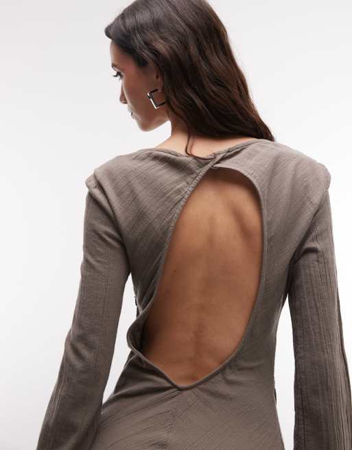 petite khaki textured stripe asymmetric long sleeve mini dress Weekday crinkle long sleeve mini dress with open back and asymmetric hem in  beige