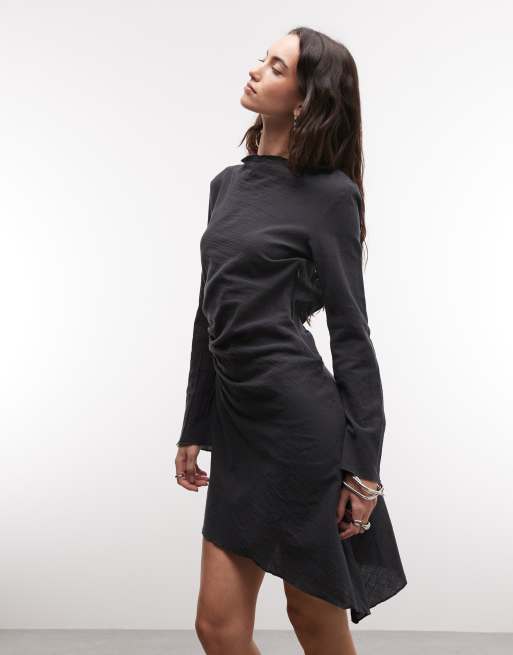 asymmetric long sleeve mini dress in blue print boohoo Women's Asymmetric Long Sleeve Wrap Waist Mini Dress