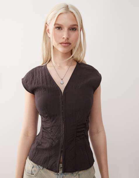 Weekday crinkle top with hook and eye front in dark brown - view 1