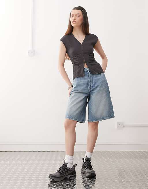 Weekday crinkle v neck top with and hook and eye detail in Weekday crinkle v neck top with and hook and eye detail in