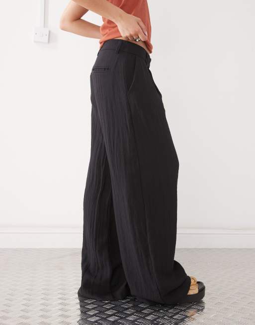 Weekday crinkle wide leg tailored trousers in black