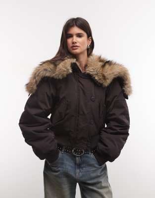 Weekday Cropped Bomber Jacket With Faux Fur Zip Hood In Brown