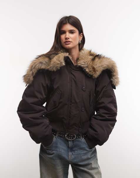 Weekday cropped bomber jacket with faux fur zip hood in dark brown - view 1