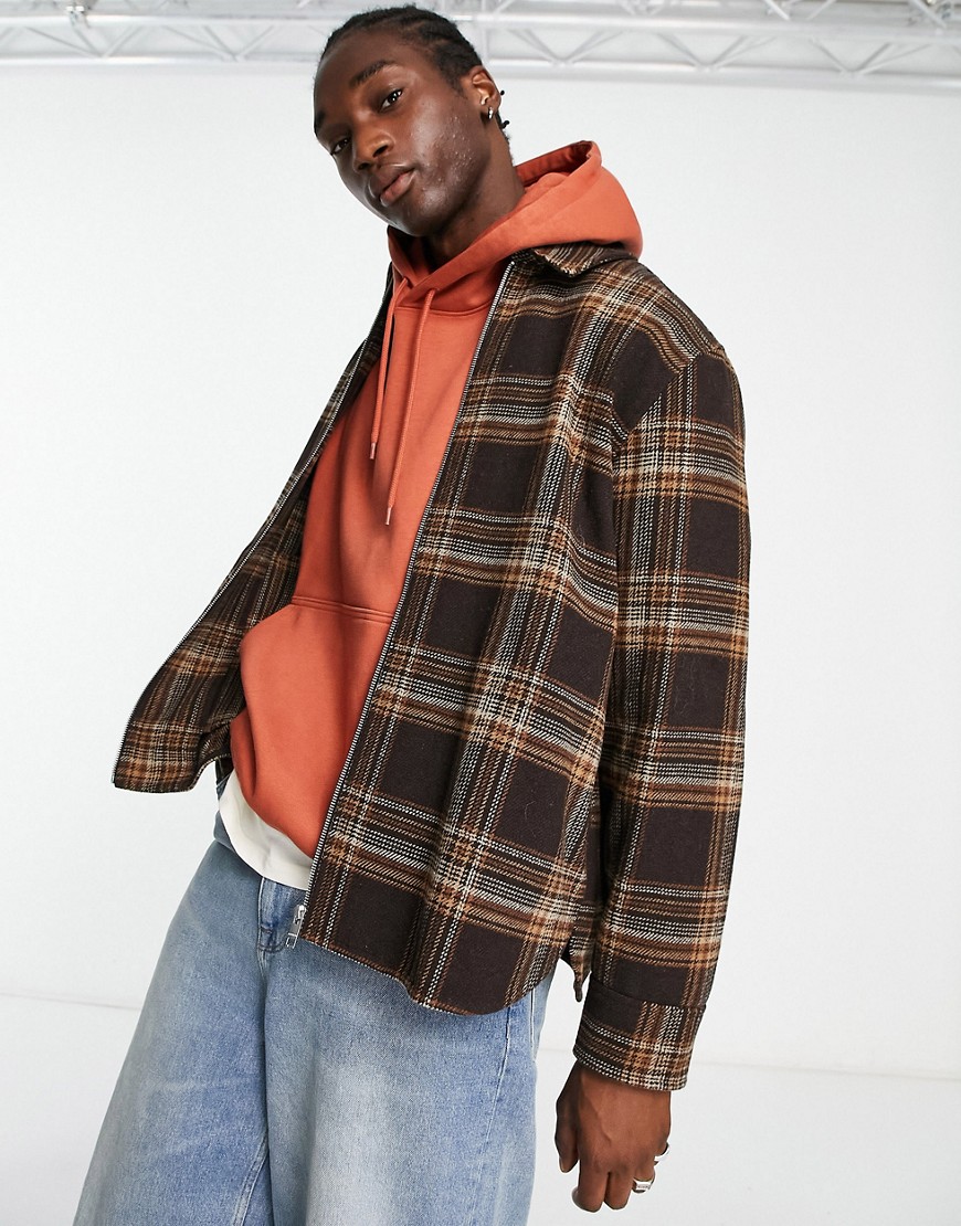 Weekday Curtis wool blend checked overshirt in brown