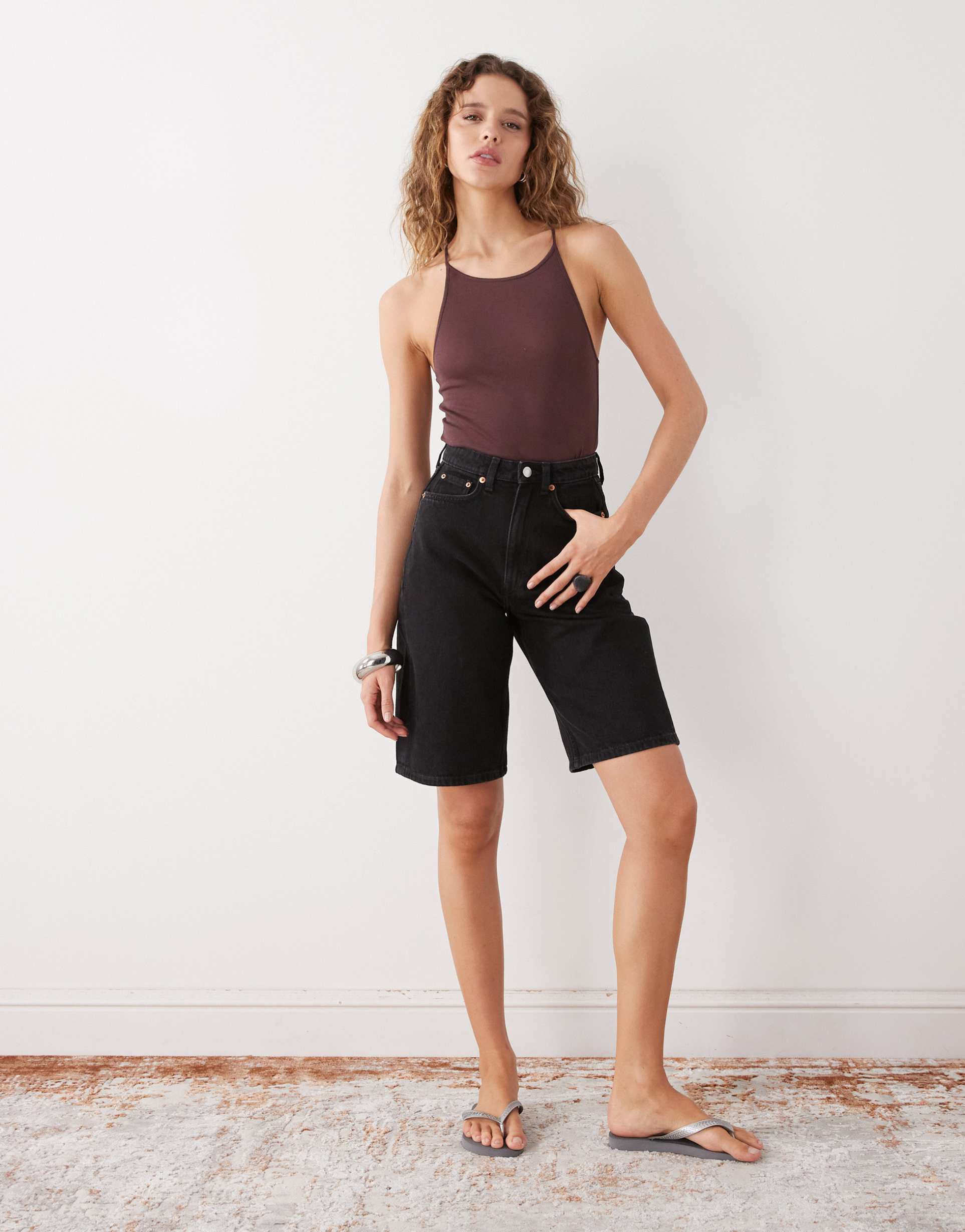 weekday curve high waist denim shorts in black