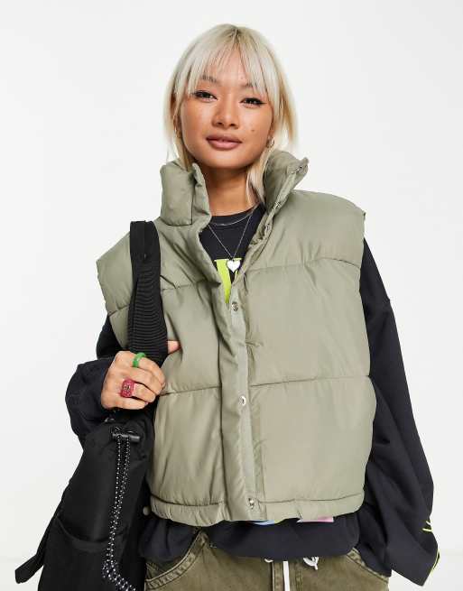 Weekday - Cut - Grå/kaki foret crop-vest i polyester - KHAKI