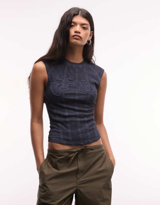 Weekday cutline tank top with applique graphic detail in washed dark blue, 2 of 4