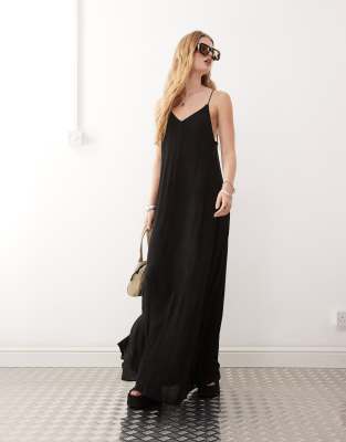Weekday Cyndra floaty crepe maxi cami dress in black - view 1
