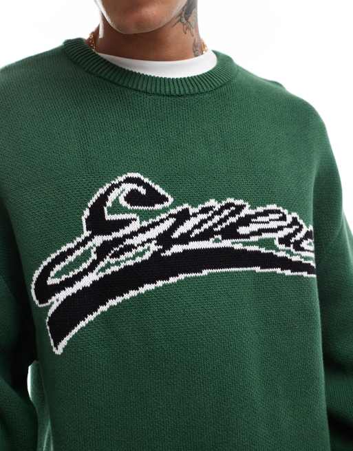 Weekday – Cypher – Ciemnozielony sweter z żakardową grafiką w stylu varsity, 3 z 4