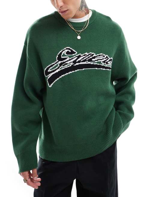Weekday - Cypher - Maglione verde scuro con grafica jacquard stile college