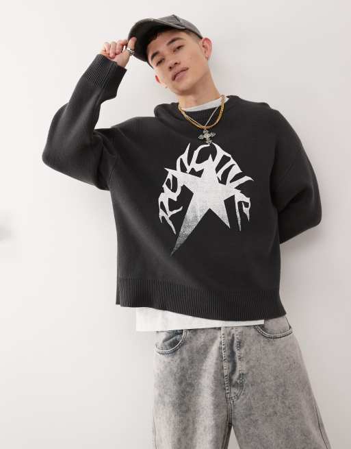 Weekday - Cypher - Mørkegrå oversized trøje med grafisk stjerneprint i strikket jacquard