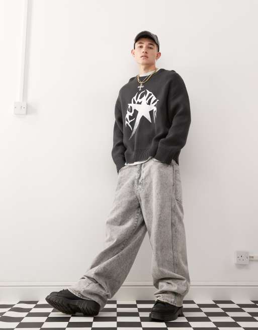 Weekday - Cypher - Mørkegrå oversized trøje med grafisk stjerneprint i strikket jacquard, 2 af 4