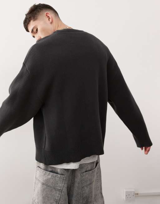 Weekday Cypher oversized sweater with star jacquard graphic in dark gray, 3 of 4