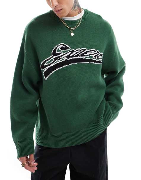 Weekday Cypher sweater with varisty jacquard graphic in dark green - view 1