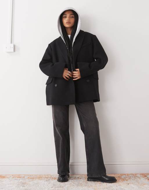 Weekday – Czarna dwurzędowa kurtka oversize z mieszanki wełny, 3 z 4